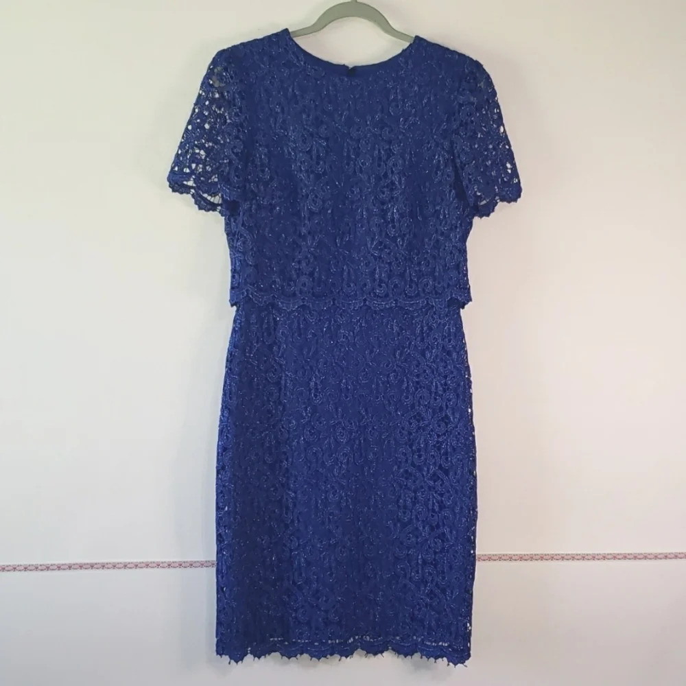 MARINA Pencil Dress Blue Crochet Lace Lined Shimmer Wedding Formal Cocktail Sz 8